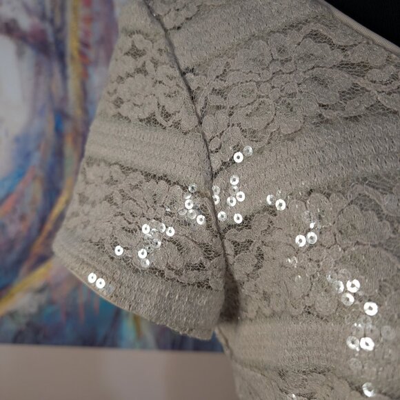 NEW Donna Ricco Knee-Length Sheath Dress, Cap Sleeve Taupe Lace & Sequin Overlay - Picture 5 of 15